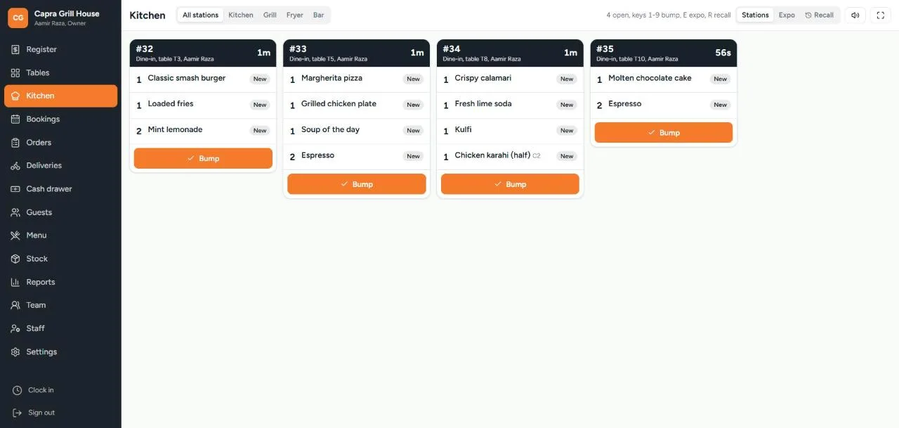 EvronDesk kitchen display showing four open tickets with table numbers, item quantities, timers and bump buttons