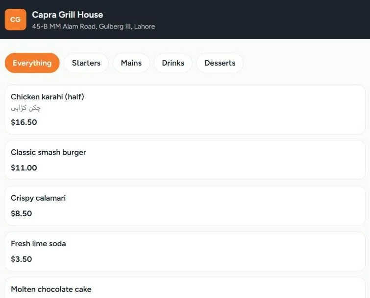 EvronDesk online ordering page for a restaurant, with menu categories, bilingual item names and prices