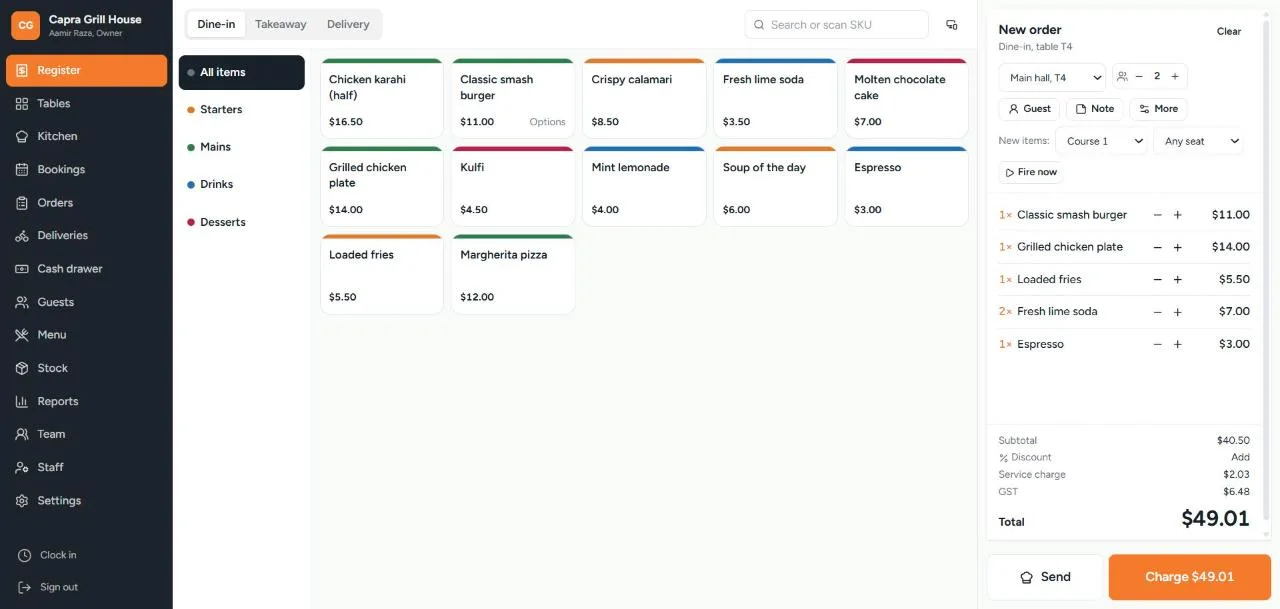 EvronDesk register screen with a dine-in order for table T4, showing items, service charge, tax and the charge button