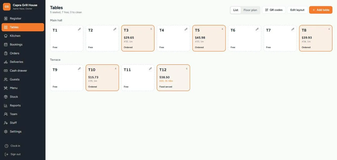 EvronDesk tables view with occupied tables showing order totals and time seated, and free tables